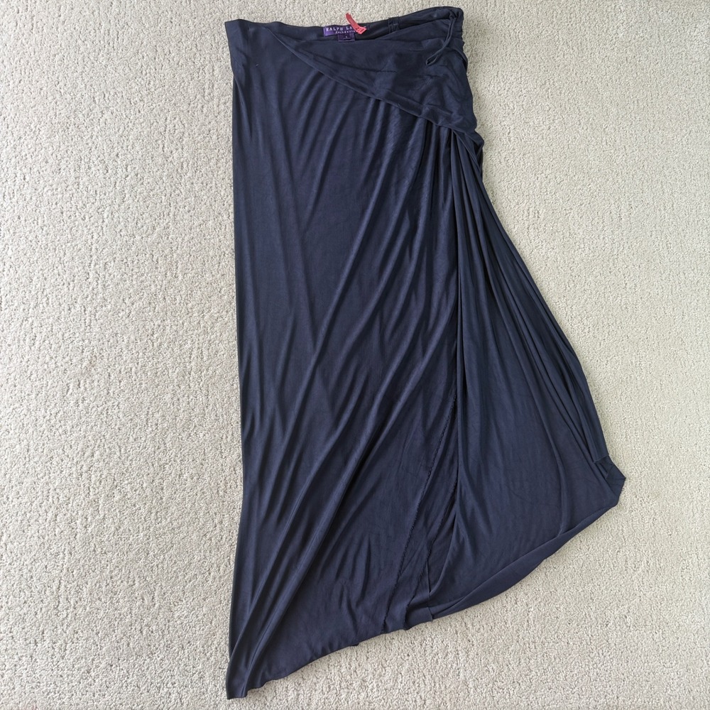 Vintage Polo Ralph Lauren Purple Label Maxi Skirt Womens 4 Navy Draped Wrap Slit